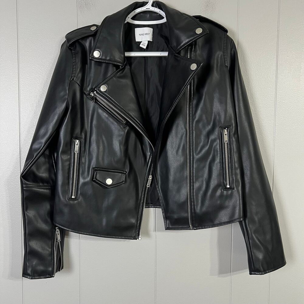 Black Faux Leather Moto Biker Jacket Womens XS Nine West Zippers